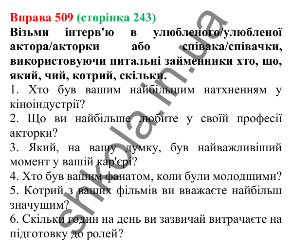 Відповідь до вправи 509 (с. 243) з української мови для 6 класу (Онатій, 2023): Питальні й відносні займенники