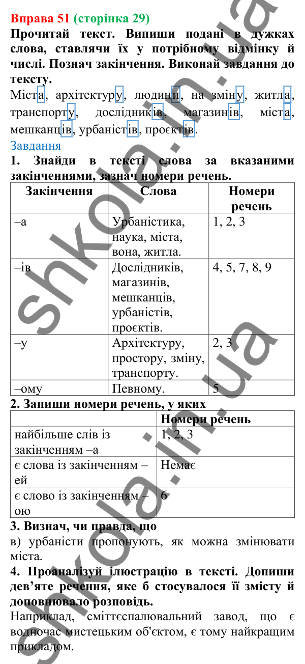 Відповідь до вправи 51 (с. 29) з української мови для 6 класу (Онатій, 2023): Основа слова. Закінчення