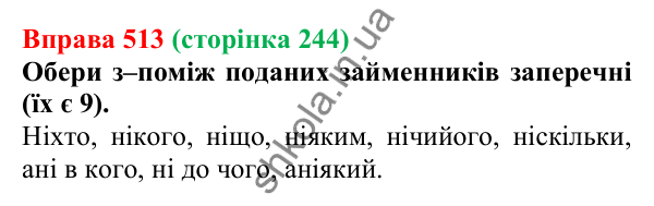 Відповідь до вправи 513 (с. 244) з української мови для 6 класу (Онатій, 2023): Заперечні й неозначені займенники