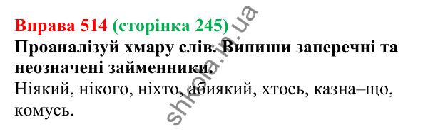 Відповідь до вправи 514 (с. 245) з української мови для 6 класу (Онатій, 2023): Заперечні й неозначені займенники