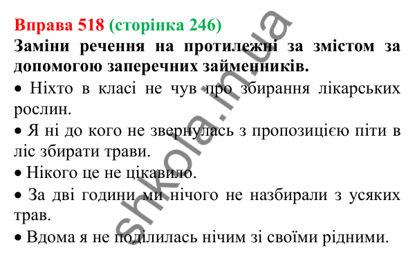 Відповідь до вправи 518 (с. 246) з української мови для 6 класу (Онатій, 2023): Написання заперечних і неозначених...