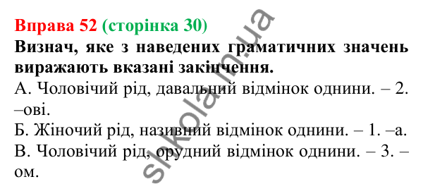 Відповідь до вправи 52 (с. 30) з української мови для 6 класу (Онатій, 2023): Основа слова. Закінчення