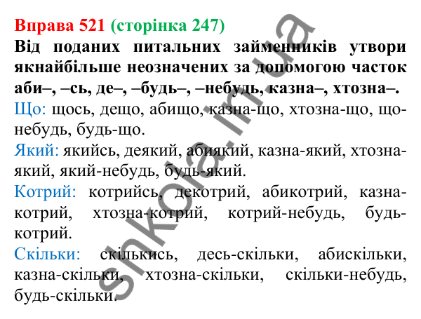 Відповідь до вправи 521 (с. 247) з української мови для 6 класу (Онатій, 2023): Написання заперечних і неозначених...