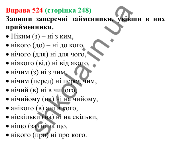 Відповідь до вправи 524 (с. 248) з української мови для 6 класу (Онатій, 2023): Написання заперечних і неозначених...
