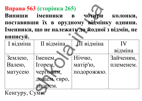 Відповідь до вправи 563 (с. 265) з української мови для 6 класу (Онатій, 2023): Повторення та узагальнення. Іменник
