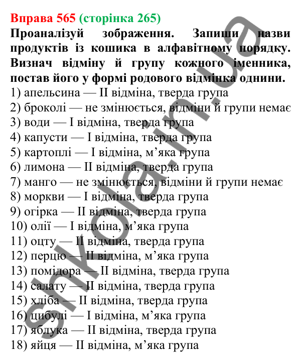 Відповідь до вправи 565 (с. 265) з української мови для 6 класу (Онатій, 2023): Повторення та узагальнення. Іменник
