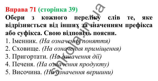 Відповідь до вправи 71 (с. 39) з української мови для 6 класу (Онатій, 2023): Префікс, суфікс. Антонімічні префікси...