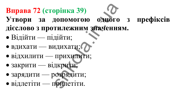 Відповідь до вправи 72 (с. 39) з української мови для 6 класу (Онатій, 2023): Префікс, суфікс. Антонімічні префікси...
