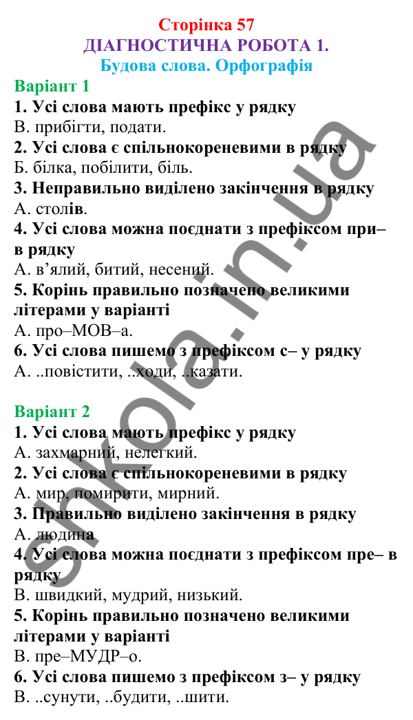 Діагностична робота 1 (с. 57) з української мови для 6 класу (Онатій, 2023): Будова слова. Орфографія