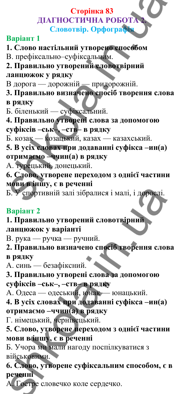 Діагностична робота 2 (с. 83) з української мови для 6 класу (Онатій, 2023): Словотвір. Орфографія