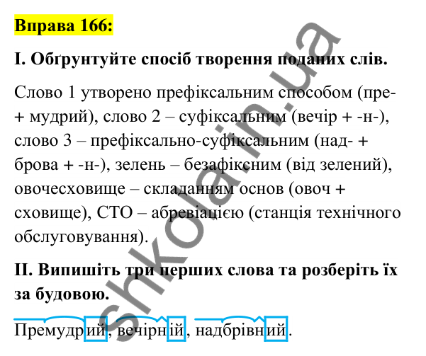 Вправа 166 Відповідь до вправи 166 (с. 65) з української мови для 6 класу (Заболотний, 2023): Словотвір. Орфографія