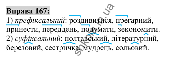 Вправа 167 Відповідь до вправи 167 (с. 65) з української мови для 6 класу (Заболотний, 2023): Словотвір. Орфографія