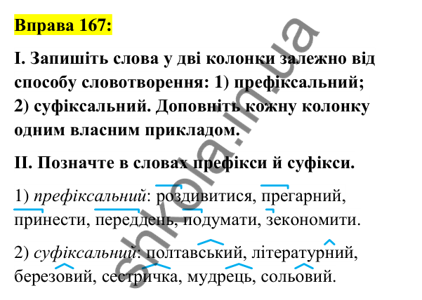 Вправа 167 Відповідь до вправи 167 (с. 65) з української мови для 6 класу (Заболотний, 2023): Словотвір. Орфографія