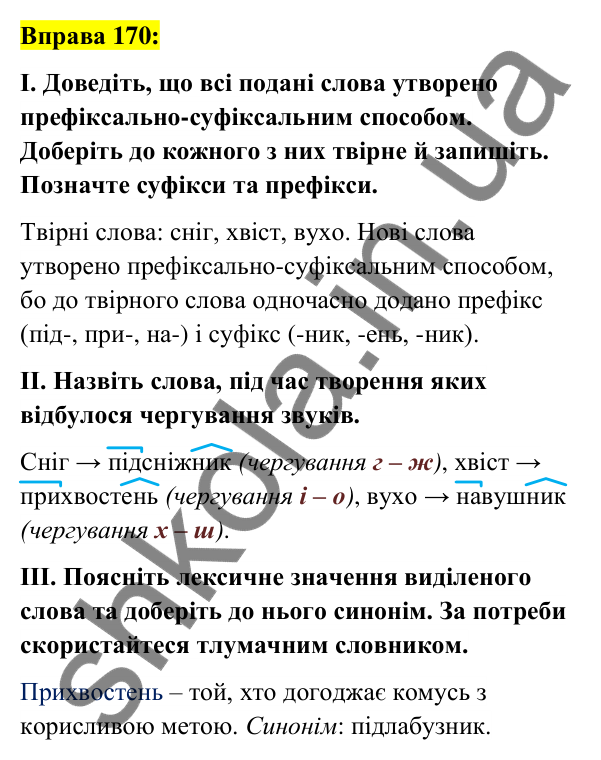 Вправа 170 Відповідь до вправи 170 (с. 66) з української мови для 6 класу (Заболотний, 2023): Словотвір. Орфографія