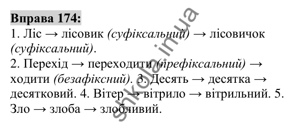 Вправа 174 Відповідь до вправи 174 (с. 67) з української мови для 6 класу (Заболотний, 2023): Словотвір. Орфографія