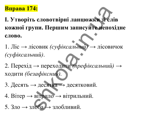 Вправа 174 Відповідь до вправи 174 (с. 67) з української мови для 6 класу (Заболотний, 2023): Словотвір. Орфографія
