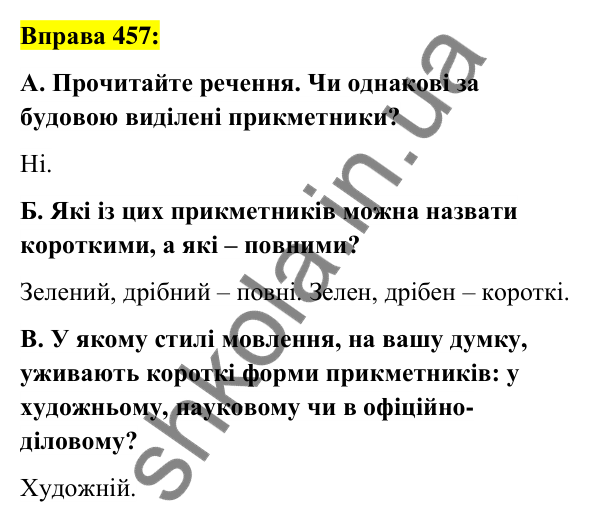 Вправа 457 Відповідь до вправи 457 (с. 168) з української мови для 6 класу (Заболотний, 2023): Прикметник