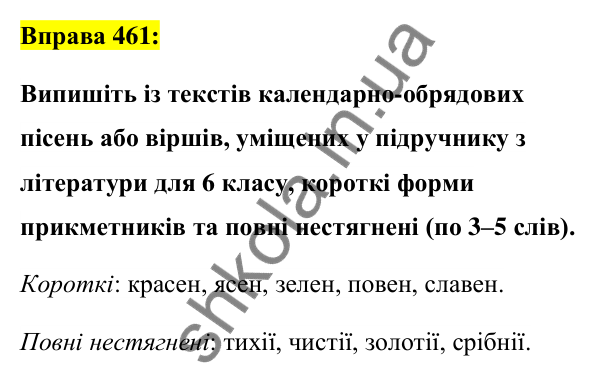 Вправа 461 Відповідь до вправи 461 (с. 170) з української мови для 6 класу (Заболотний, 2023): Прикметник