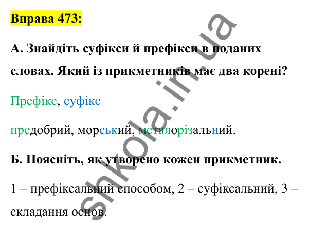Вправа 473 Відповідь до вправи 473 (с. 175) з української мови для 6 класу (Заболотний, 2023): Прикметник