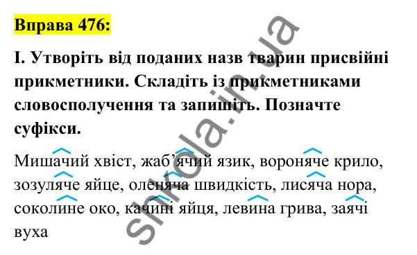 Вправа 476 Відповідь до вправи 476 (с. 176) з української мови для 6 класу (Заболотний, 2023): Прикметник