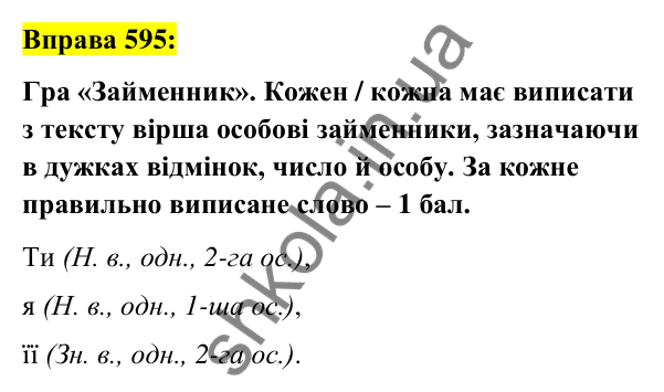Вправа 595 Відповідь до вправи 595 (с. 225) з української мови для 6 класу (Заболотний, 2023): Займенник