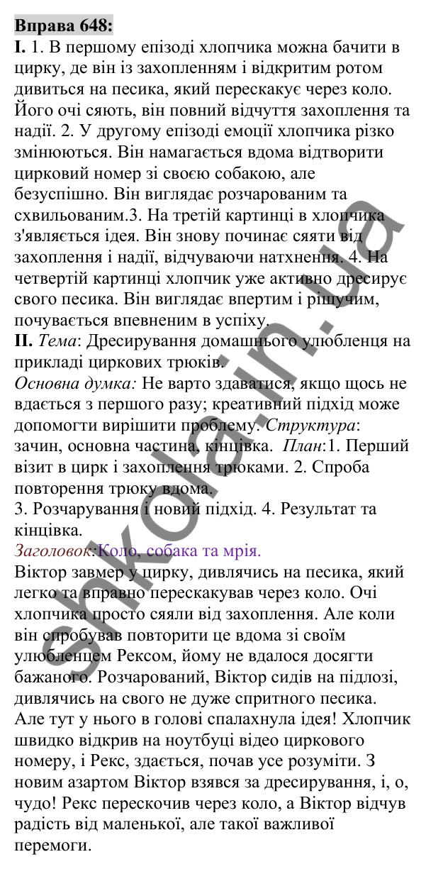 Вправа 648 Відповідь до вправи 648 (с. 249) з української мови для 6 класу (Заболотний, 2023): Уроки розвитку мовлення