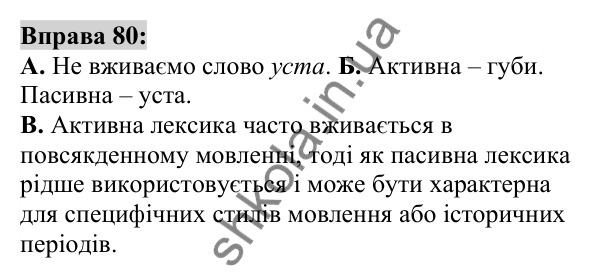 Вправа 80 Відповідь до вправи 80 (с. 32) з української мови для 6 класу (Заболотний, 2023): Лексикологія. Орфографія