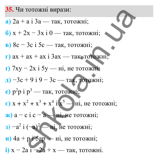 Завдання 35 ГДЗ Алгебра 7 клас Бевз 2024 — завдання 35, § 2. Тотожні вирази
