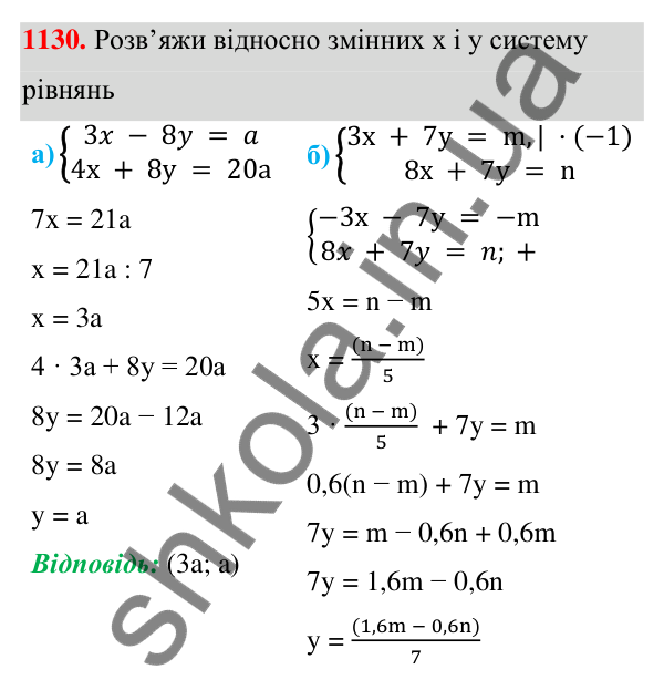 ГДЗ Алгебра 7 клас Бевз 2024 — завдання 1130, § 26. ...систем методом додавання