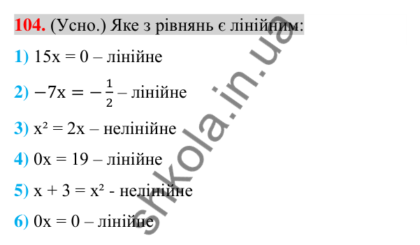 Відповідь до завдання 104 (с. 22) з алгебри для 7 класу (Істер, 2024): Лінійне рівняння з однією змінною