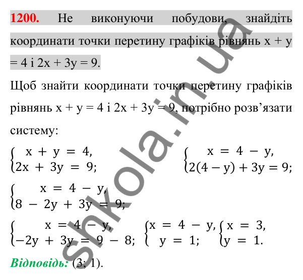 Відповідь до завдання 1200 (с. 237) з алгебри для 7 класу (Істер, 2024): Розв’язування систем лінійних рівнянь способом…
