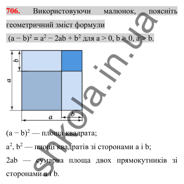 Відповідь до завдання 706 (с. 129) з алгебри для 7 класу (Істер, 2024): Квадрат суми і квадрат різниці