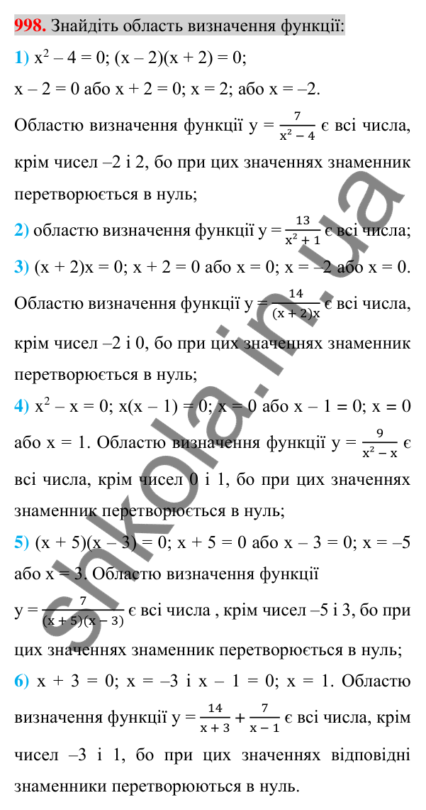 Відповідь до завдання 998 (с. 185) з алгебри для 7 класу (Істер, 2024): Функція. Область визначення та область значень…