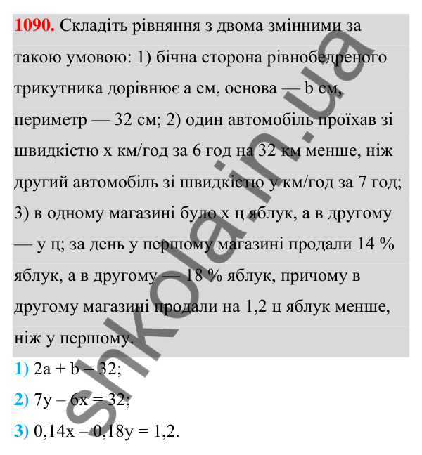 Відповідь до завдання 1090 (с. 264) з алгебри для 7 класу (Мерзляк, 2024): 25. Лінійне рівняння з двома змінними та його...