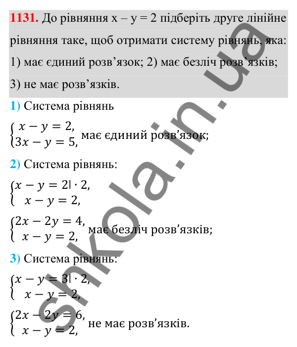 Відповідь до завдання 1131 (с. 279) з алгебри для 7 класу (Мерзляк, 2024): 26. Системи рівнянь із двома змінними....
