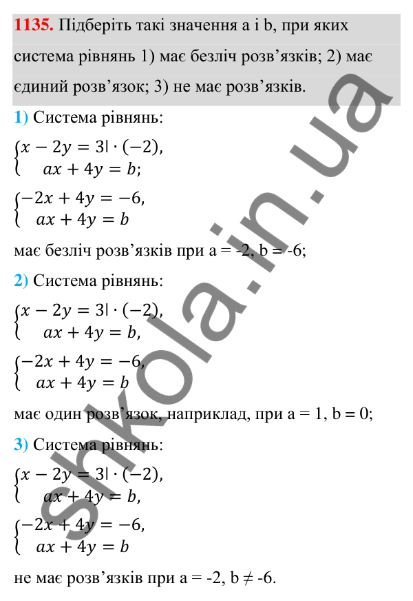 Відповідь до завдання 1135 (с. 280) з алгебри для 7 класу (Мерзляк, 2024): 26. Системи рівнянь із двома змінними....