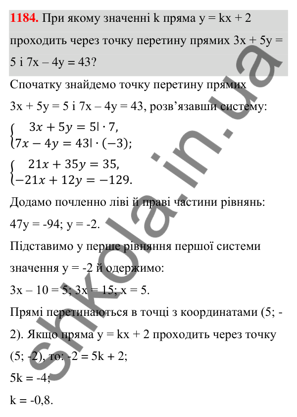 Відповідь до завдання 1184 (с. 295) з алгебри для 7 класу (Мерзляк, 2024): 28. Розв’язування систем лінійних рівнянь...