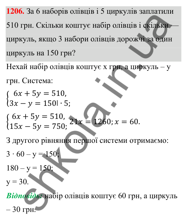 Відповідь до завдання 1206 (с. 301) з алгебри для 7 класу (Мерзляк, 2024): 29. Розв’язування задач за допомогою систем...