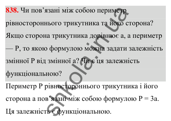 Відповідь до завдання 838 (с. 193) з алгебри для 7 класу (Мерзляк, 2024): 20. Зв’язки між величинами. Функція