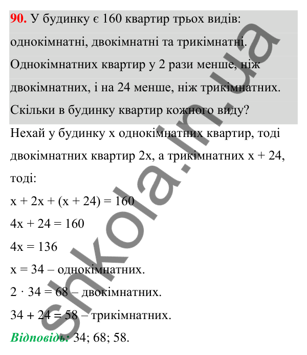 Відповідь до завдання 90 (с. 28) з алгебри для 7 класу (Мерзляк, 2024): 3. Розв’язування текстових задач
