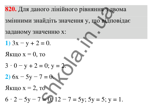 ГДЗ Алгебра 7 клас Тарасенкова 2024 — завдання 820, § 22. Графік лінійного рівняння з двома змінними