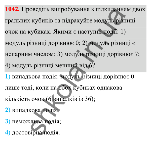 ГДЗ Алгебра 7 клас Тарасенкова 2024 — завдання 1042, § 29. Ймовірність випадкової події