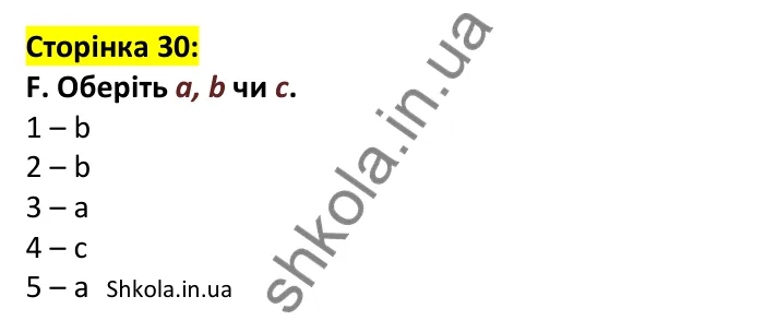 Відповідь до завдання F, сторінка 30 - ГДЗ Англійська мова 7 клас Мітчелл 2024 робочий зошит. Full Blast Plus 7 Workbook