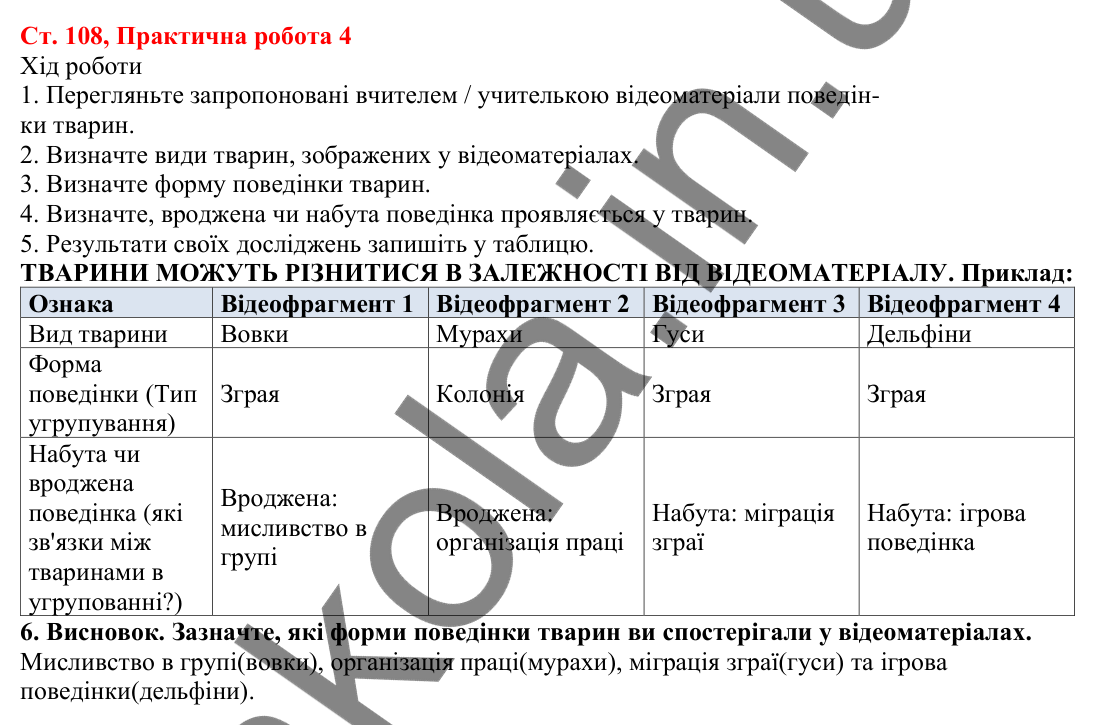 Відповідь до практичної роботи 4 (с. 108) з біології для 7 класу (Кулініч, 2024, робочий зошит): Практична робота 4