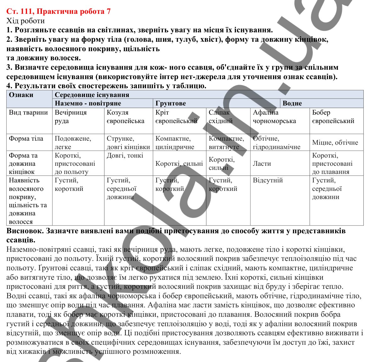 Відповідь до практичної роботи 7 (с. 111) з біології для 7 класу (Кулініч, 2024, робочий зошит): Практична робота 7
