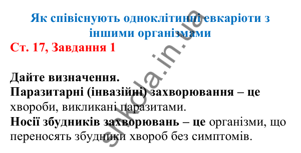 Відповідь до завдання 1 (с. 17) з біології для 7 класу (Кулініч, 2024, робочий зошит): Як співіснують одноклітинні евкаріоти з іншими організмами