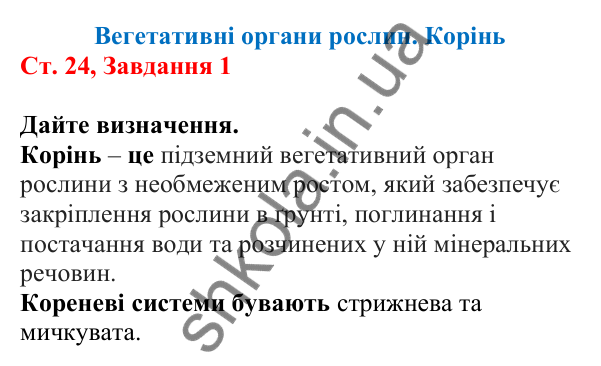 Відповідь до завдання 1 (с. 24) з біології для 7 класу (Кулініч, 2024, робочий зошит): Вегетативні органи рослин. Корінь