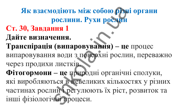 Відповідь до завдання 1 (с. 30) з біології для 7 класу (Кулініч, 2024, робочий зошит): Як взаємодіють між собою різні органи рослини. Рухи рослин