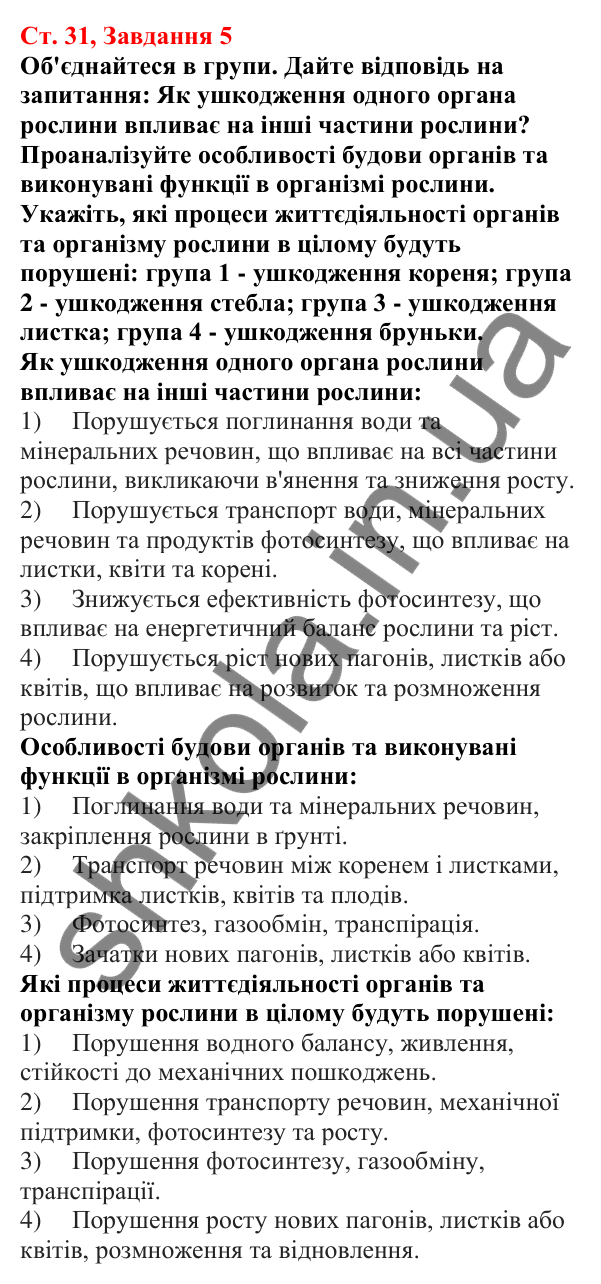 Відповідь до завдання 5 (с. 31) з біології для 7 класу (Кулініч, 2024, робочий зошит): Як взаємодіють між собою різні органи рослини. Рухи рослин