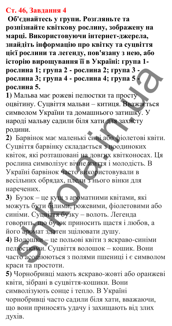 Відповідь до завдання 4 (с. 46) з біології для 7 класу (Кулініч, 2024, робочий зошит): Покритонасінні, або Квіткові